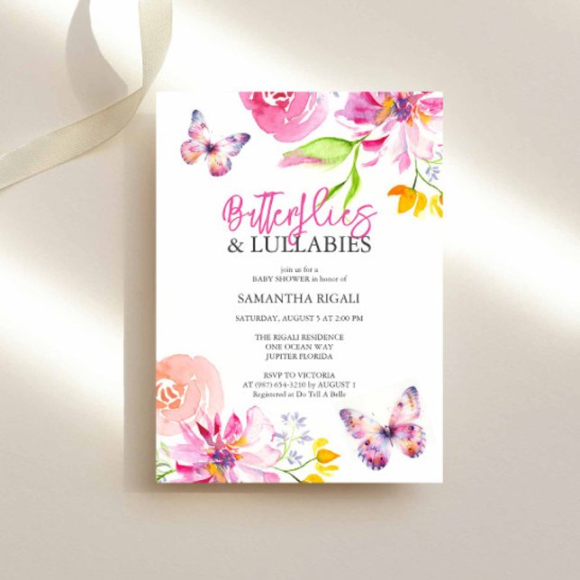 Blossoms and Butterflies Baby Shower Invites Einladung (watercolor butterfly baby shower invitations in pink, peach and lavender by Victoria Grigaliunas)
