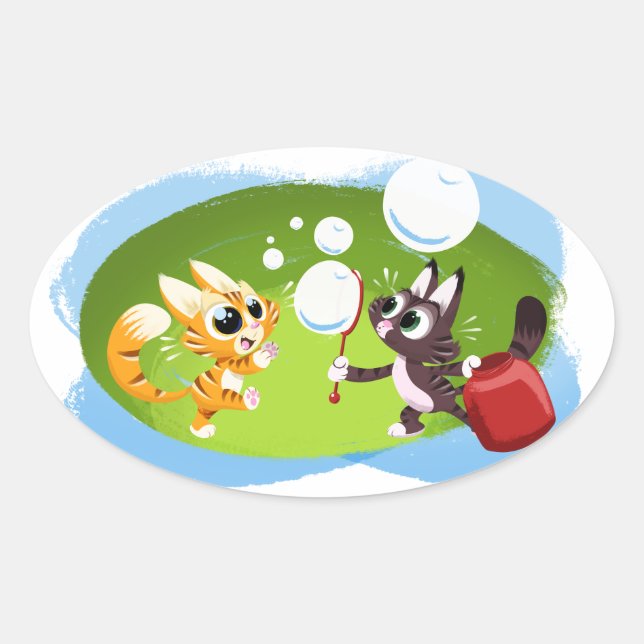 BLOWING BUBBLES CATS by Jeff Willis Ovaler Aufkleber (Vorderseite)