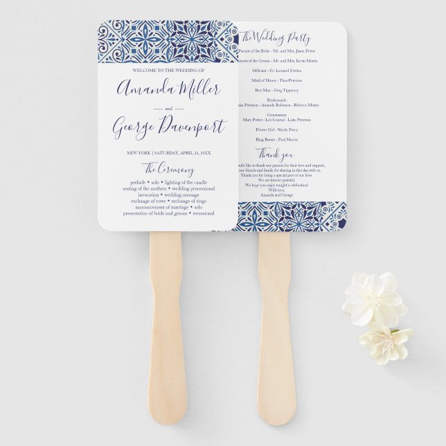 Blu Tiles Hochzeitsprogramm-Fan Fächer (Vorne und Hinten)