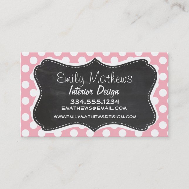 Blubble Gum Pink Polka Dots; Retro Chalkboard Visitenkarte (Vorderseite)