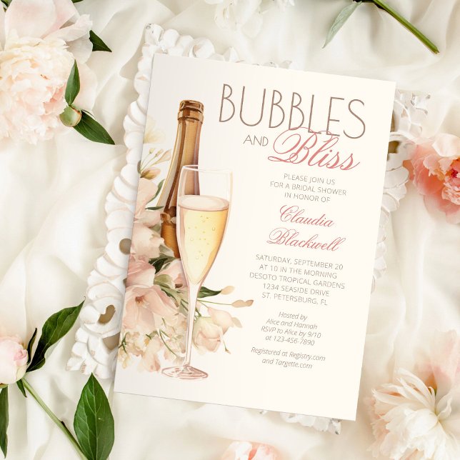 Blubbles Bliss Floral Champagne Brautparty Einladung (Von Creator hochgeladen)