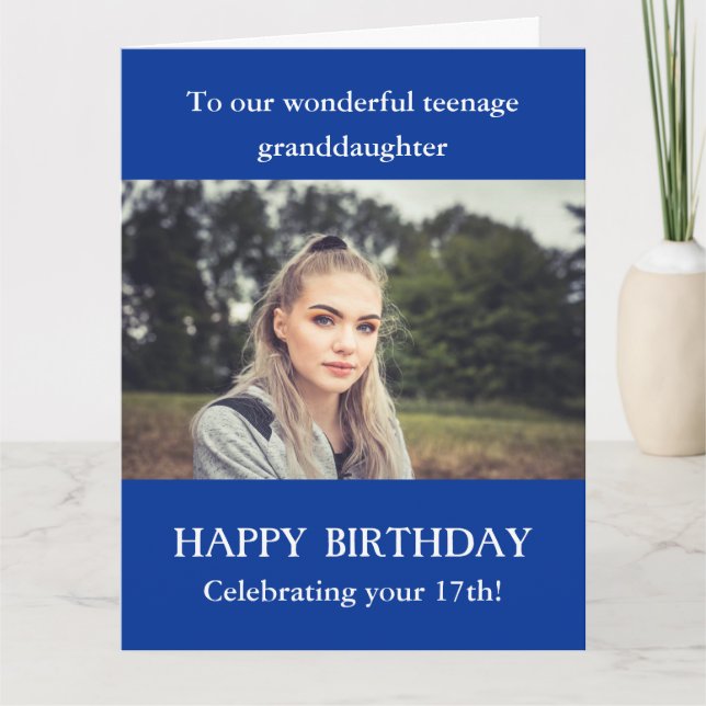 Blue 17. Geburtstag Fotokarte Enkeltochter Karte (Vorderseite)