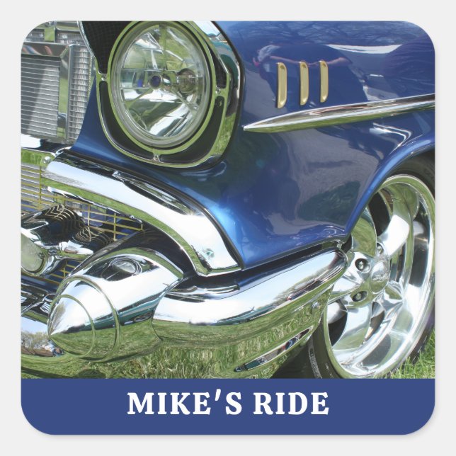 Blue 1957 Chevy, Name oder Meldung, Ihr Foto Quadratischer Aufkleber (Vorderseite)