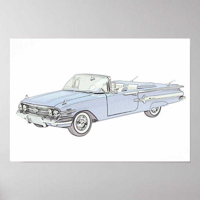 Blue 1960 Chevy Impala Cabriolet Zeichnend Poster (Vorne)