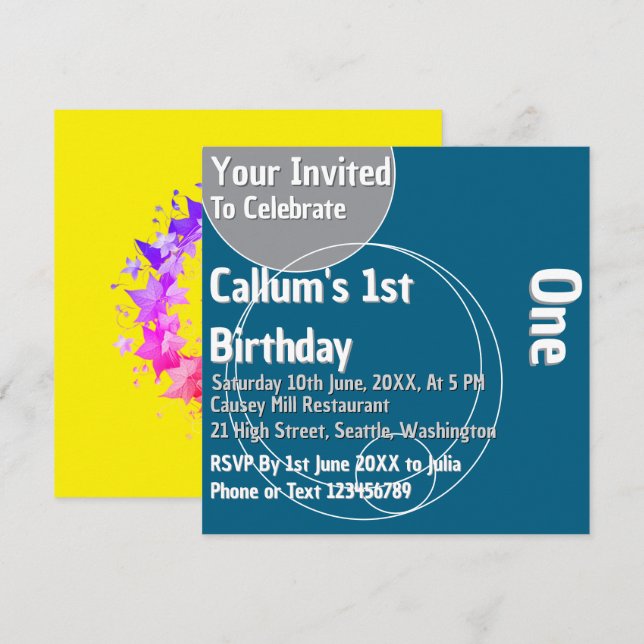 Blue 1. Geburtstag Einladung (Vorne/Hinten)