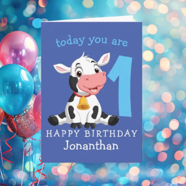 Blue 1. Geburtstagskarte Karte (The card captures the essence of a happy birthday celebration who love cows)