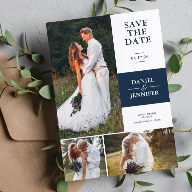Blue 3-Foto Gallery Wedding rettet den Termin Save The Date (Von Creator hochgeladen)