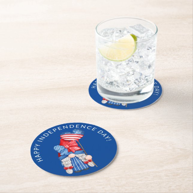 Blue 4. Juli Gnome Independence Day Party Runder Pappuntersetzer (Vor Ort)