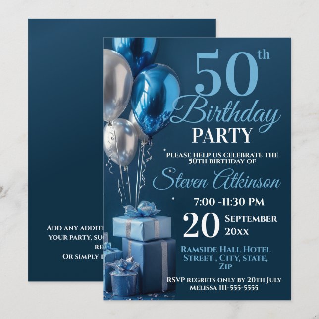 Blue 50. Geburtstag Ballon Geschenke Einladung (Vorne/Hinten)