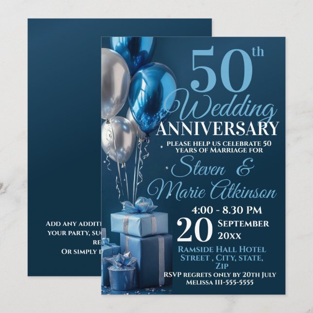 Blue 50 th Wedding Anniversary Ballon Geschenke Einladung (Vorne/Hinten)
