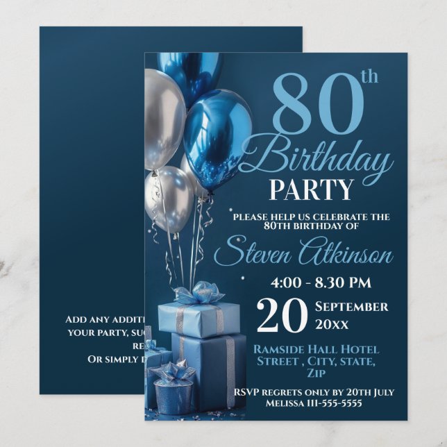 Blue 80. Geburtstag Ballon Geschenke Einladung (Vorne/Hinten)