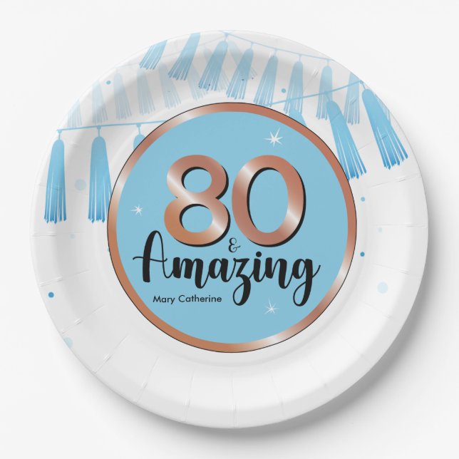 Blue 80. Geburtstagsparty Paper Plate Pappteller (Vorderseite)