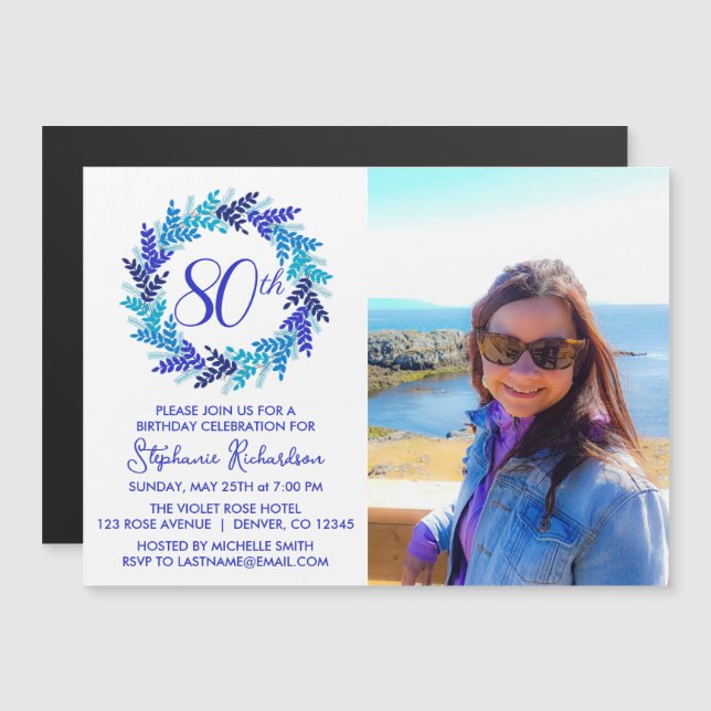 Blue 80th Birthday Party Photo Invitation Magnet (Devant / Derrière)
