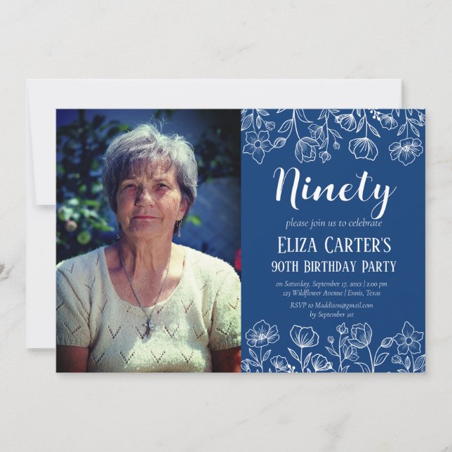 Blue 90. Neunziges Blumengestein Geburtstag Einladung (Vorderseite)