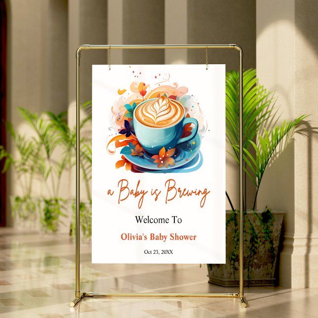 Blue A Baby Brewing Baby Dusche Willkommen Poster (Blue Floral A Baby is Brewing Baby Shower Welcome Sign )