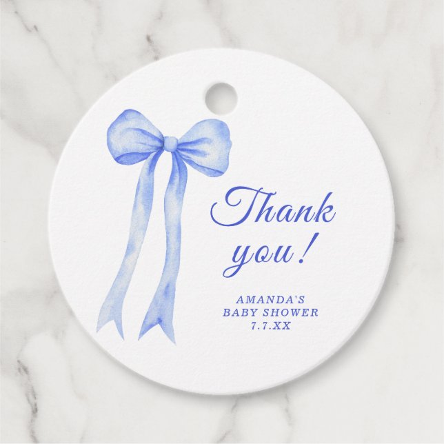 Blue a Bow Baby Dusche Danke Geschenkanhänger (Vorderseite)