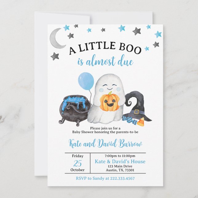 Blue A Little Boo Baby Dusche Einladung (Vorderseite)