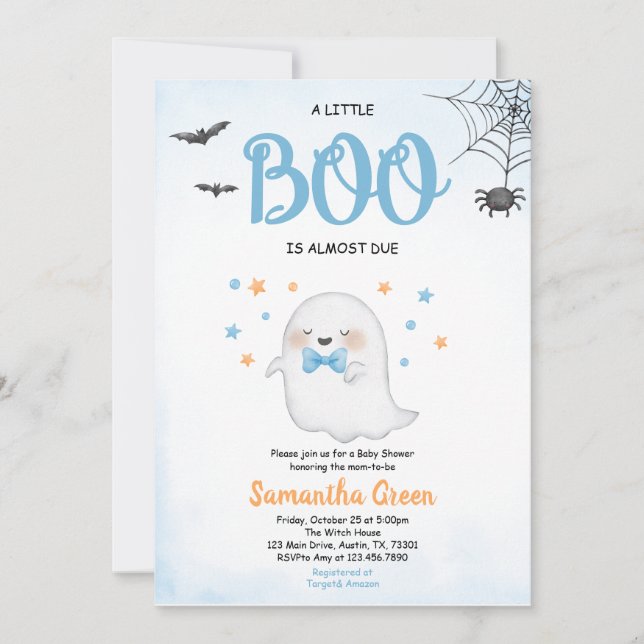 Blue A Little Boo Baby Dusche Einladung (Vorderseite)