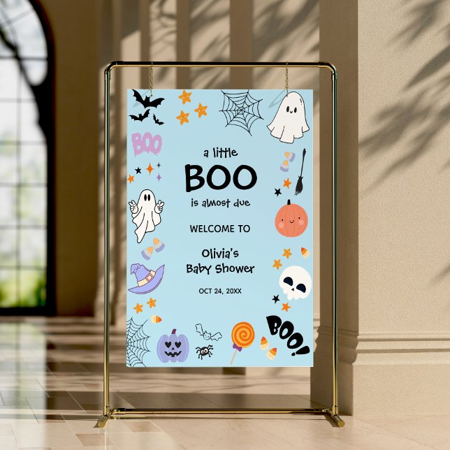 Blue A Little Boo Halloween Baby Dusche Empfang Poster (Blue A Little Boo Halloween Baby Shower Welcome Sign )
