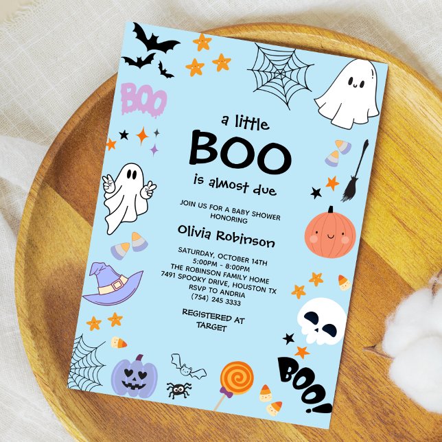 Blue A Little Boo Niedlich Ghost Halloween Kinderd Einladung (Blue A Little Boo is Almost Due Cute Ghost Halloween Baby Shower Invitation )