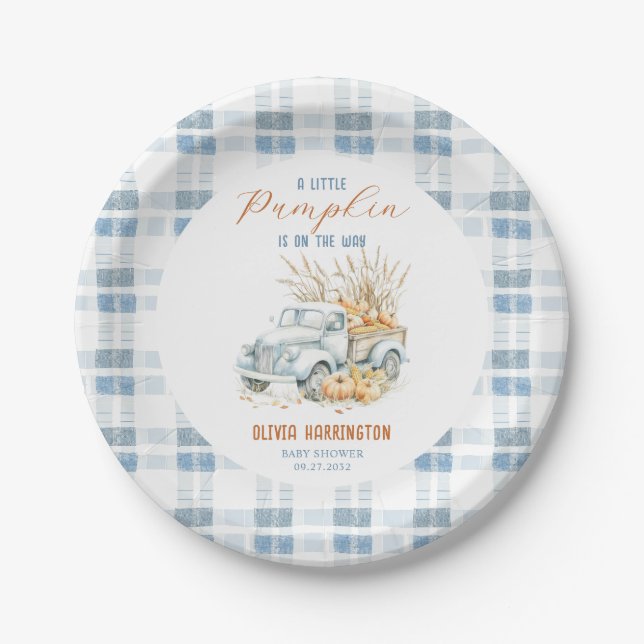 Blue A Little Pumpkin Truck Boy Baby Shower Pappteller (Vorderseite)