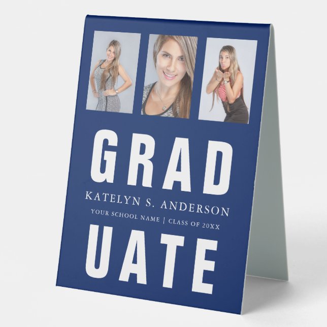 Blue Abschluss Foto Collage Custom Tischaufsteller (Vorderseite)
