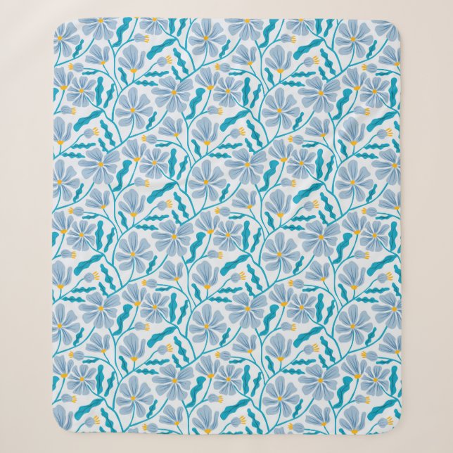 Blue Abstrakt Mitte Jahrhundert Moderne Blume Sherpadecke (Vorderseite)