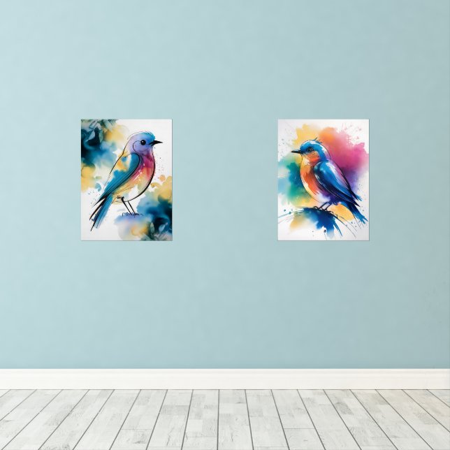 Blue Abstrakt Wall Art, Set von 2 Bluebirds (Holzboden)