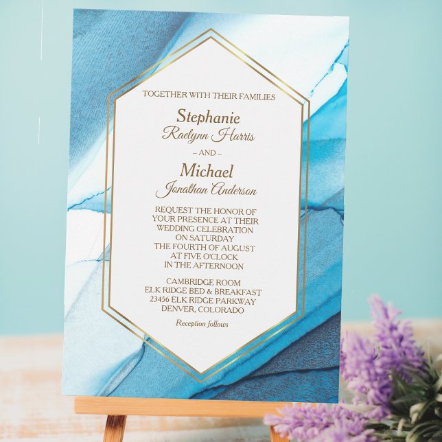 Blue Abstrakt Watercolor Double Gold Frame Wedding Einladung (Von Creator hochgeladen)