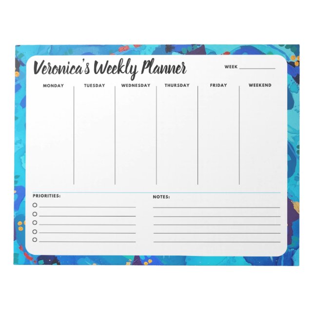 Blue Abstrakt Weekly To Do List Notepad Planner Notizblock (Vorderseite)
