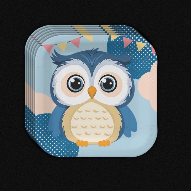 Blue Adorable Woodland Baby Owl Baby Dusche Pappteller (Von Creator hochgeladen)