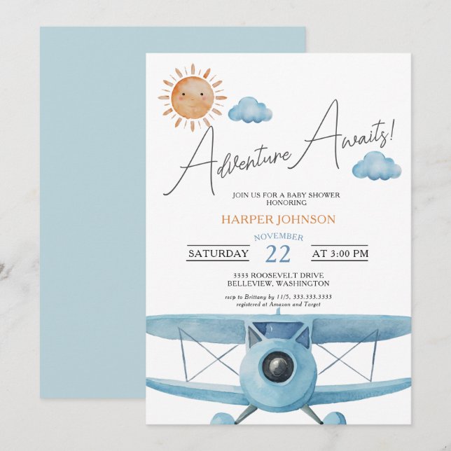 Blue Adventure erwartet Airplane Baby Shower Einladung (Vorne/Hinten)
