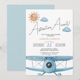 Blue Adventure erwartet Airplane Baby Shower Einladung