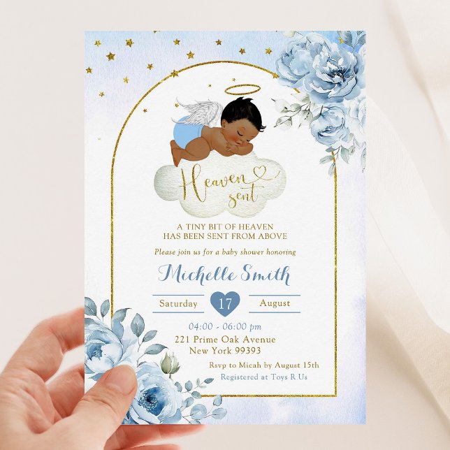 Blue African Little Angel Heaven Sent Baby Dusche Einladung (Von Creator hochgeladen)