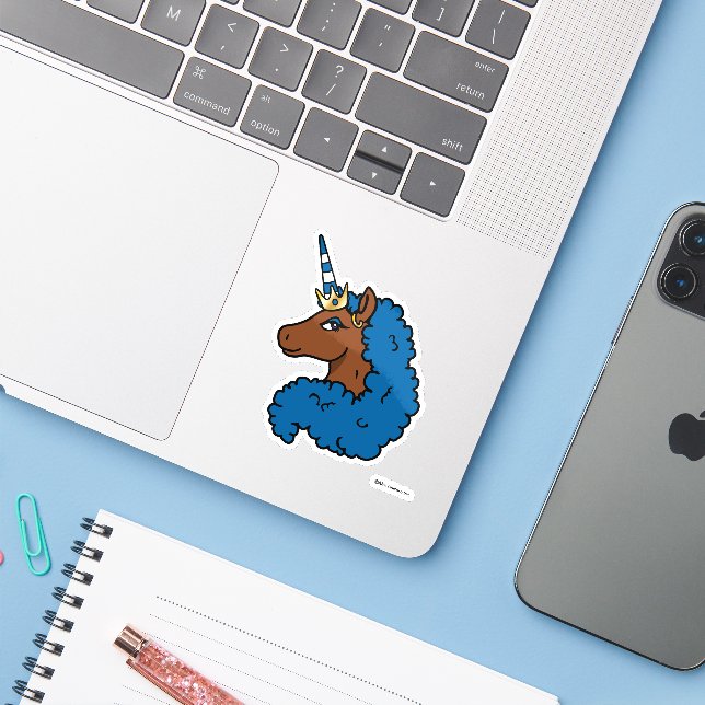 Blue Afro Unicorn Aufkleber (Laptop mit iPhone)