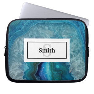 Blue Agate Geode Rock mit Name und Monogramm Laptopschutzhülle