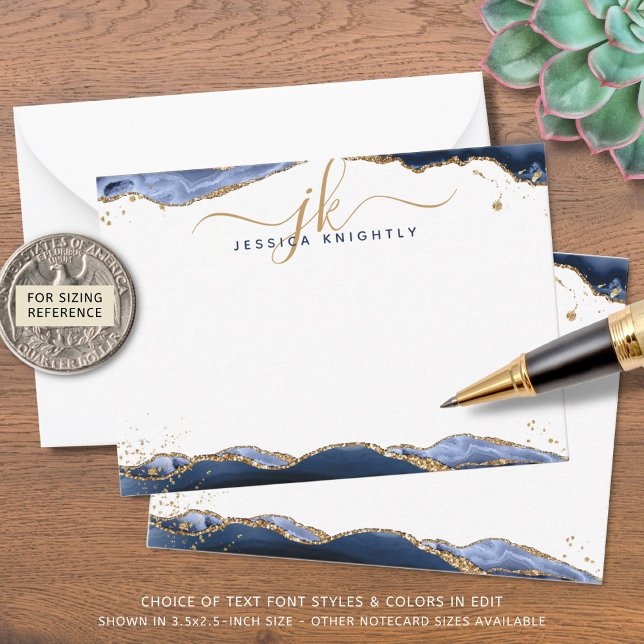 Blue Agate Geode Script Monogram Gold Glitzer Mitteilungskarte (Von Creator hochgeladen)