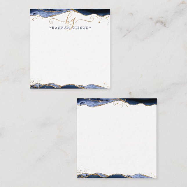Blue Agate Geode Script Monogram Gold Glitzer Mitteilungskarte (Vorne/Hinten)