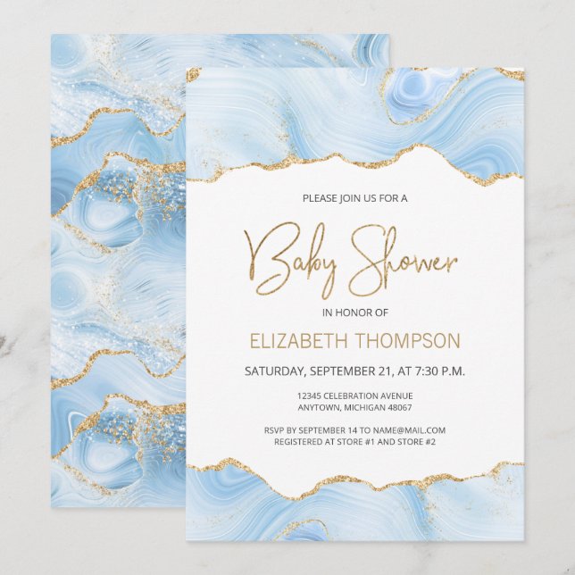 Blue Agate Gold Glitzer Boy Baby Shower Einladung (Vorne/Hinten)
