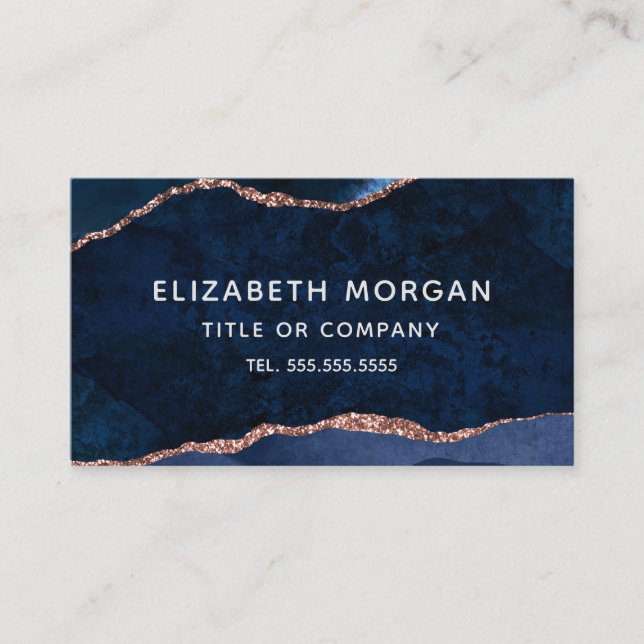 Blue Agate Marble Aquarell Rose Gold Glitzer Visitenkarte (Vorderseite)