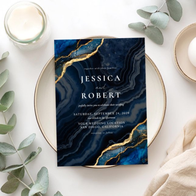 Blue Agate Marble Elegante Wedding Einladung (Von Creator hochgeladen)