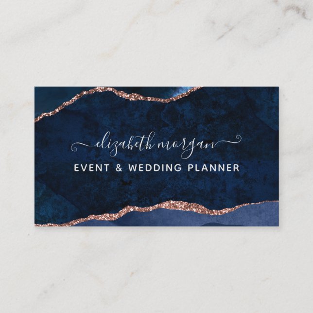 Blue Agate Marble Rose Gold Aquarellschrift Visitenkarte (Vorderseite)