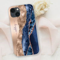 Blue Agate Marble & Rose Gold Glitzer Moderne