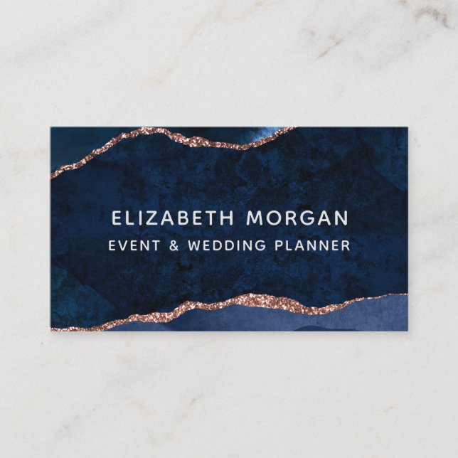 Blue Agate Marble Rose Gold Wasserfarbe Visitenkarte (Vorderseite)