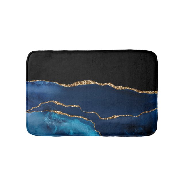 Blue Agate Marmor Shiny Golden Glitzer Chic Glam Badematte (Vorderseite)