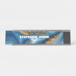 Blue Agate Monogram Turquoise Gold Custom Name Schreibtischnamensplakette