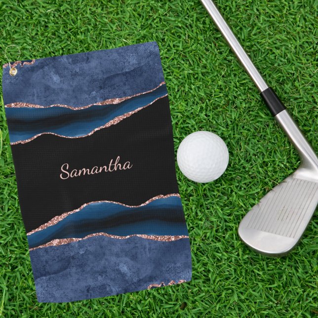 Blue Agate Rose Gold Name Golfhandtuch (Von Creator hochgeladen)