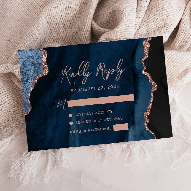 Blue Agate Rose Gold Script Wedding RSVP Karte (Von Creator hochgeladen)