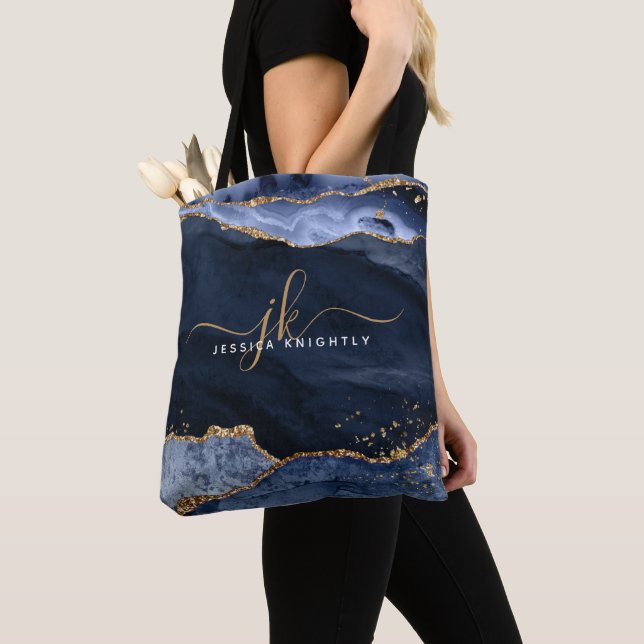 Blue Agate Script Monogram Gold Glitzer Tasche (Von Nahem)