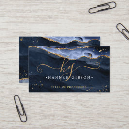 Blue Agate Script Monogram Imitate Gold Glitzer Visitenkarte